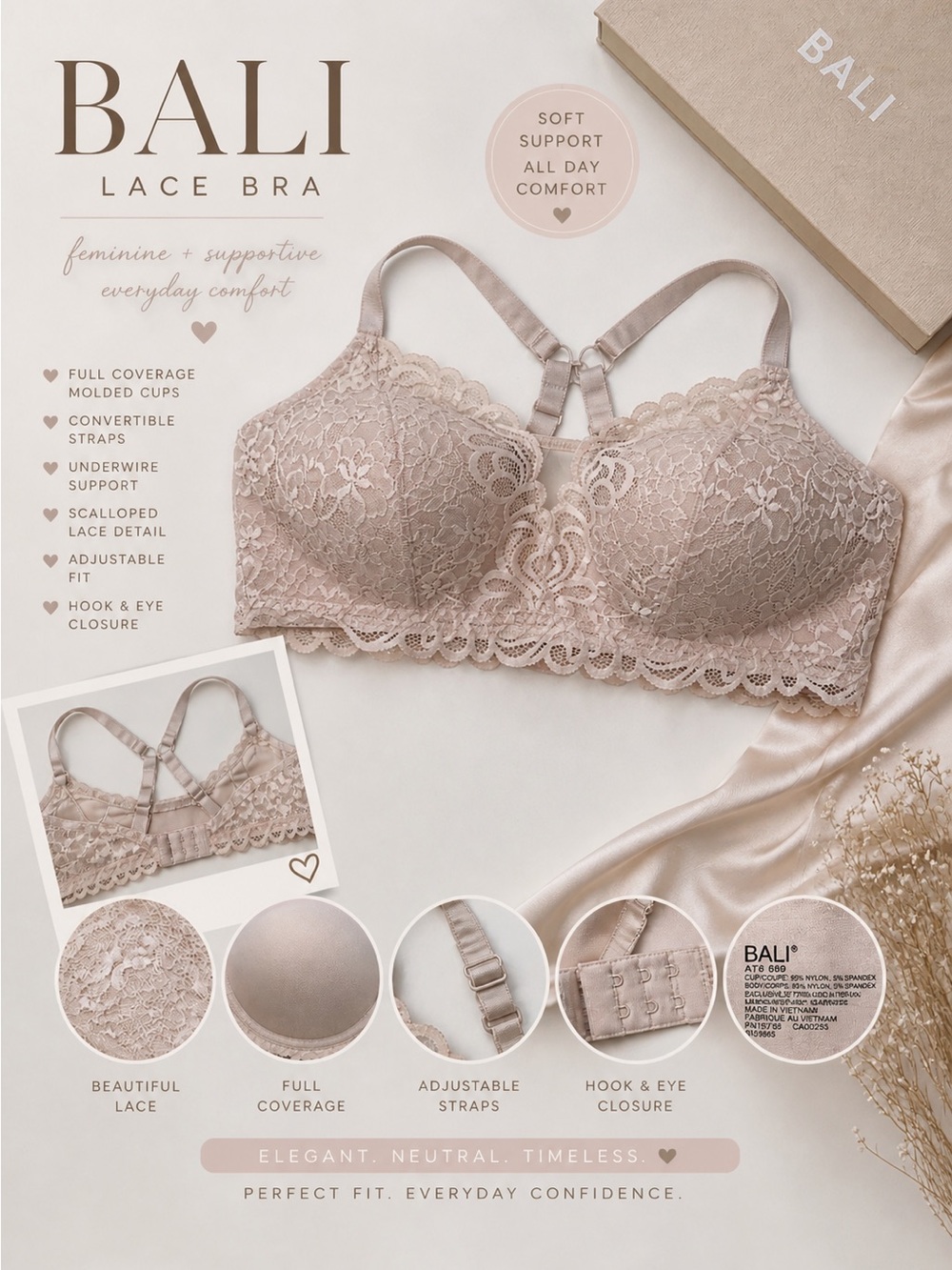Bali Lace Bra Nude Pink Convertible Straps Supportive Full Coverage